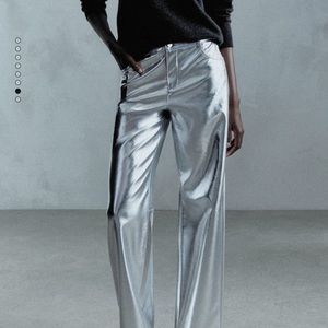 Mango | Metallic Leather-Effect Pants | Silver | Size 12